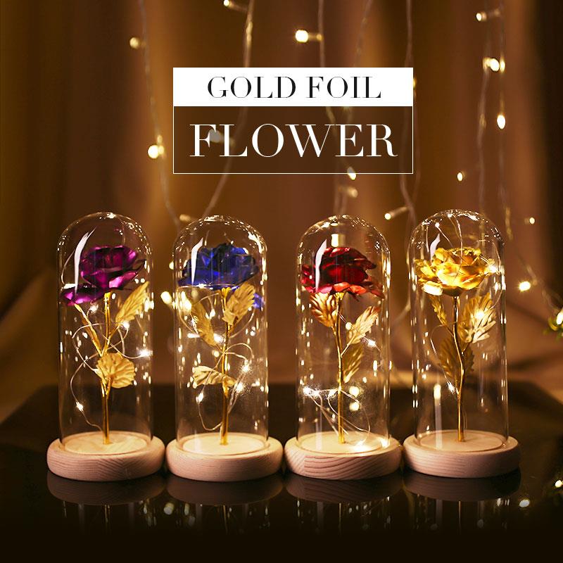 

Immortality Rose Flower Glass Cover Luminous Romantic 24K Gold Eternal Flower Flowers Wedding Decoration LED Gold Foil Rose