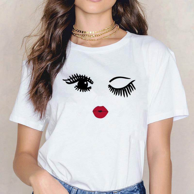 

womens designer t shirts clothes tshirts Short sleeve T-shirt Eyelash red lips T-shirt printed letter women's t summer blouse made in China, Brown