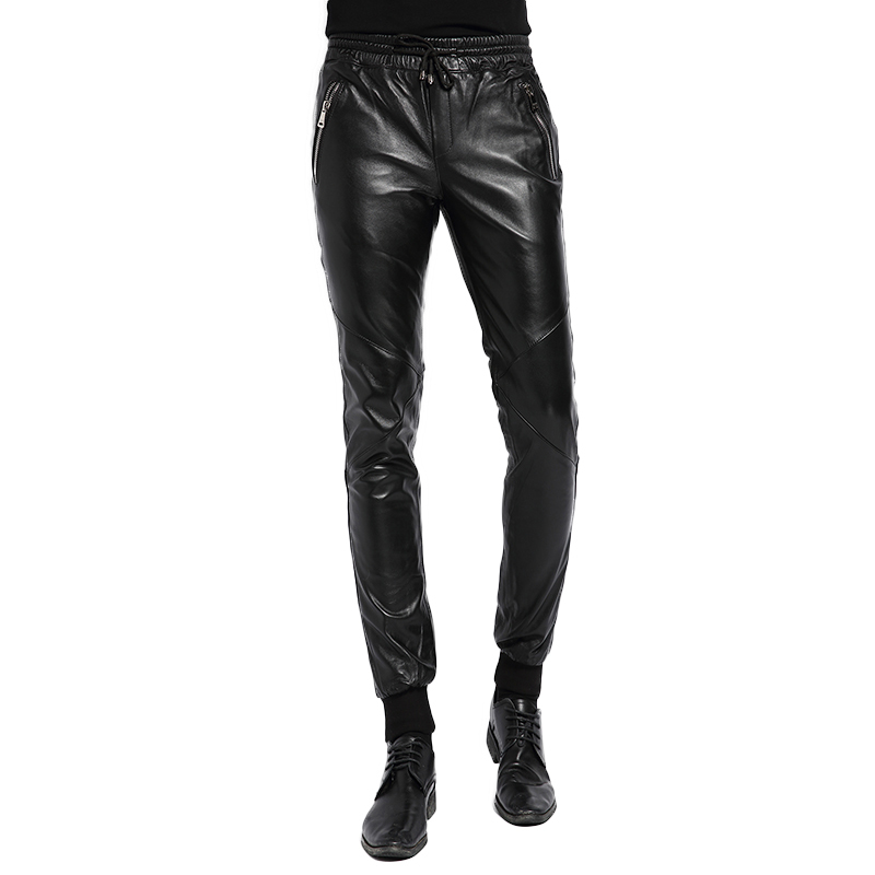 

Genuine Leather Pants Men Real Sheepskin Korean Motorcycle Biker Male Trousers Spring Autumn Casual Fashion Harem Men's Pants, Black