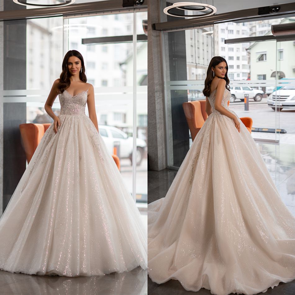 

Oksana Mukha Wedding Dresses Scoop Neck Sleeveless Sweep Train Bridal Gowns Custom Made Lace Appliques Sequins A Line Wedding Dress, Champagne