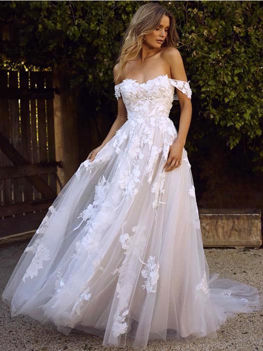 

2019 Cheap Off Shoulder Lace Appliqued A-line Wedding Dresses Vintage Eleagnt Beach Bohemian Plus Size Bridal Gown BM1510, White