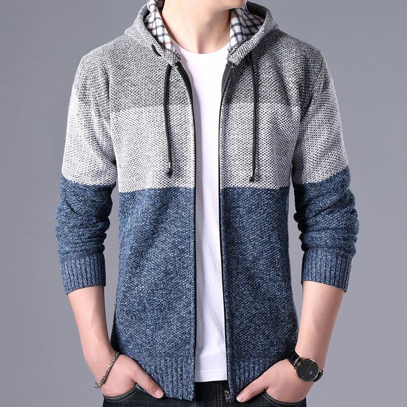 

Sweater Coat Men Tide Winter Thick Warm Hooded Cardigan Jumpers Men Striped Cashmere Wool Liner Zipper Fleece Coats, T20-black
