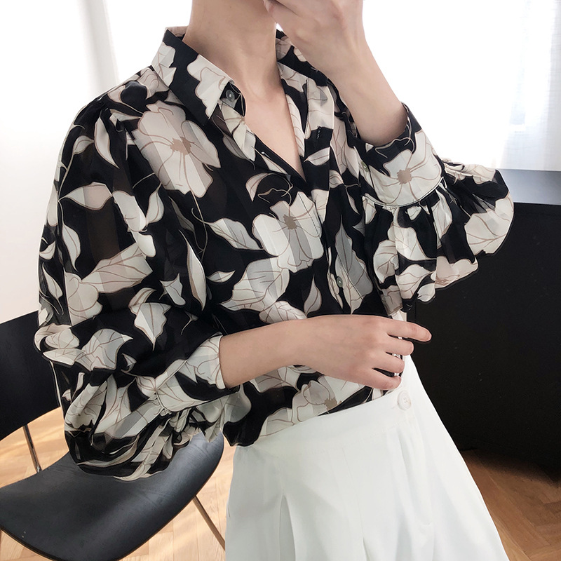 

Casual Loose Chiffon Shirts For Women Vintage Printed Fashion Floral Shirt Thin Tops Elegant Lady Lantern Sleeve Summer Shirt, Gardenia