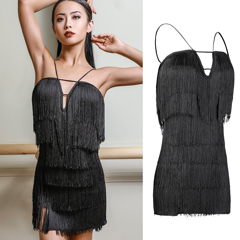 

Fashion Latin Ballroom Dance Competition Dresses Sexy Sling Full Tassel Short Dress For Women Salsa Dance Practice Wear DWY1758, Black