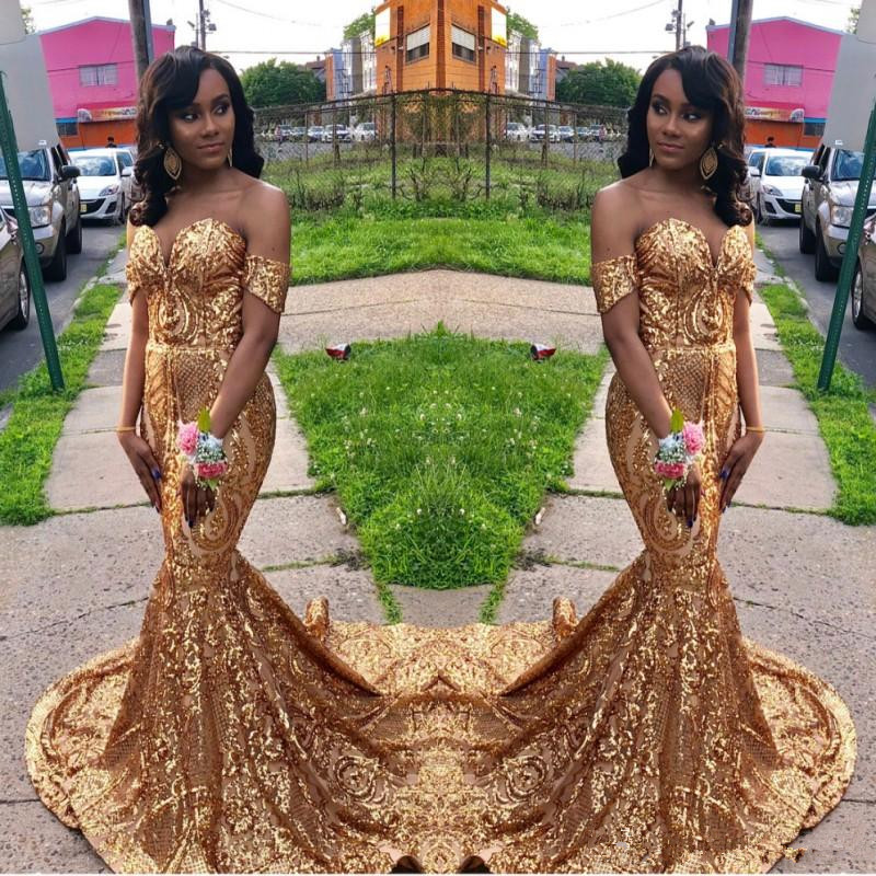 

Sparkly Gold Sequins African Mermaid Pageant Prom Dresses Off the shoulder Backless with Sleeves Long Evening Formal Gown Dress, Same as picture