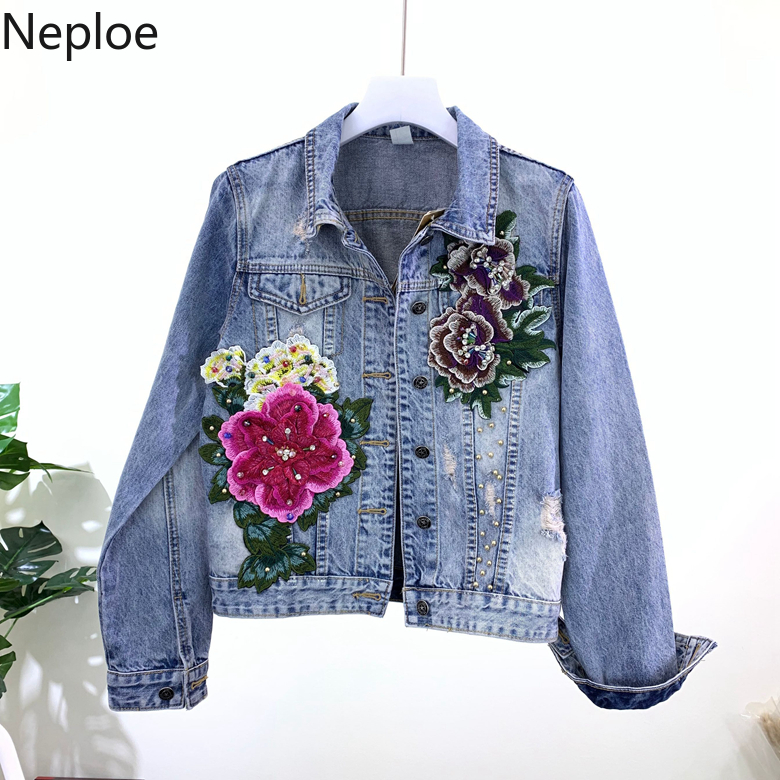 

Neploe 3D Flower Embroidery Jeans Jacket 2019 New Beads Hole Denim Jean Coat Causal Women Outwear Fashion Heavy Jackets 52730, Light blue