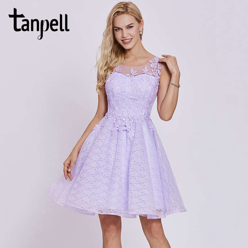 

Party Dresses Tanpell Short Cocktail Dress Lilac Scoop Sleeveless Knee Length Lace A Line Gown Homecoming Appliques, Black