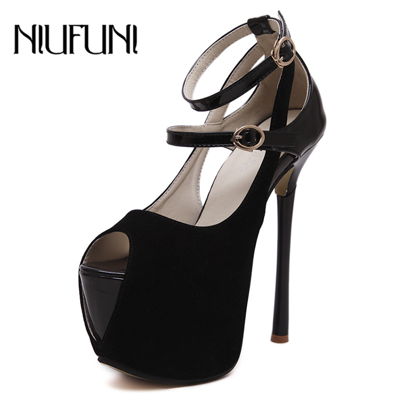 

Platform Pumps Women Sexy Peep Toe Sandals Buckle Ultra 16cm Stiletto NIUFUNI High Heels Elegant Wedding Party Shoes For Women, Black