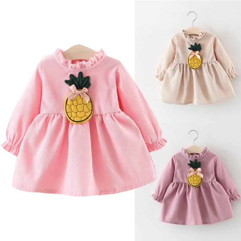 

Toddler Pineapple Dresses Baby Girls Long Sleeve Ruched Pink Summer Clothes, Beige