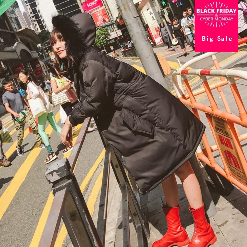

2019 women' new fahion brand winter good quality luxury raccoon collar hooded coat female longer thicker warm down parkas wq96, Black