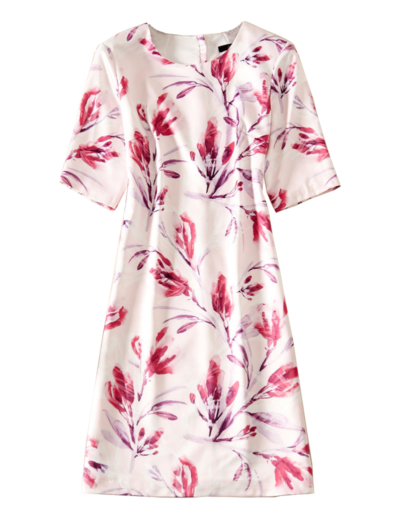 

Flower Print Women A-Line Dress Round Neck Short Sleeve Casual Dresses 08K859, 65% cotton;35% spandex