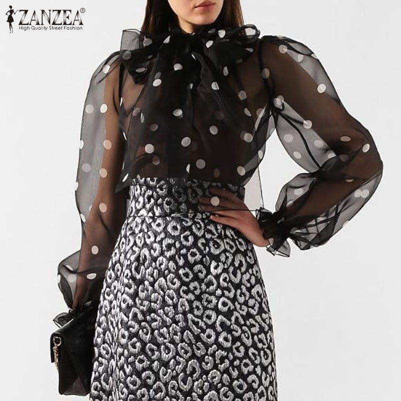 

2020 Spring Long Sleeve See Through Shirt ZANZEA Fashion Polka Dot Blouse Women BowKnot Party Tunic Tops Blusas Female Chemise, Black