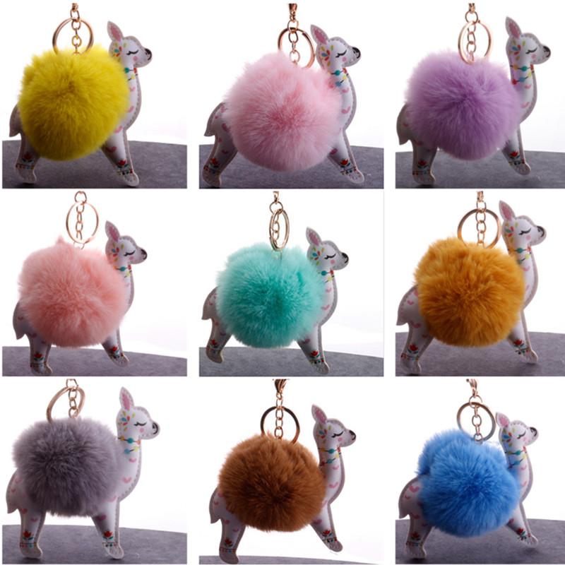 

5pcs/Lot Girl Cute Faux Fur Ball Christmas Sika Deer Keychain Pompom Fluffy Sika Deer Key Chain Leather Key Ring Bag Car Keyring Keychains