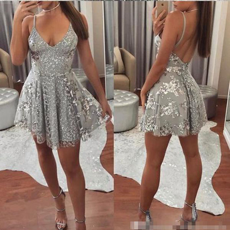 

Arabic Junior 8th Grade Homecoming Party Dresses Cute Silver Short Cocktail Prom Dresses Cheap A-Line Backless Spaghetti Mini Tulle Lace M16, Gold