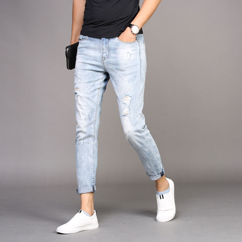 

Summer Ripped Ankle-Length Jeans Men's Slim Fit Light Blue Stretch Jean Fashion Thin Denim Pencil Pants