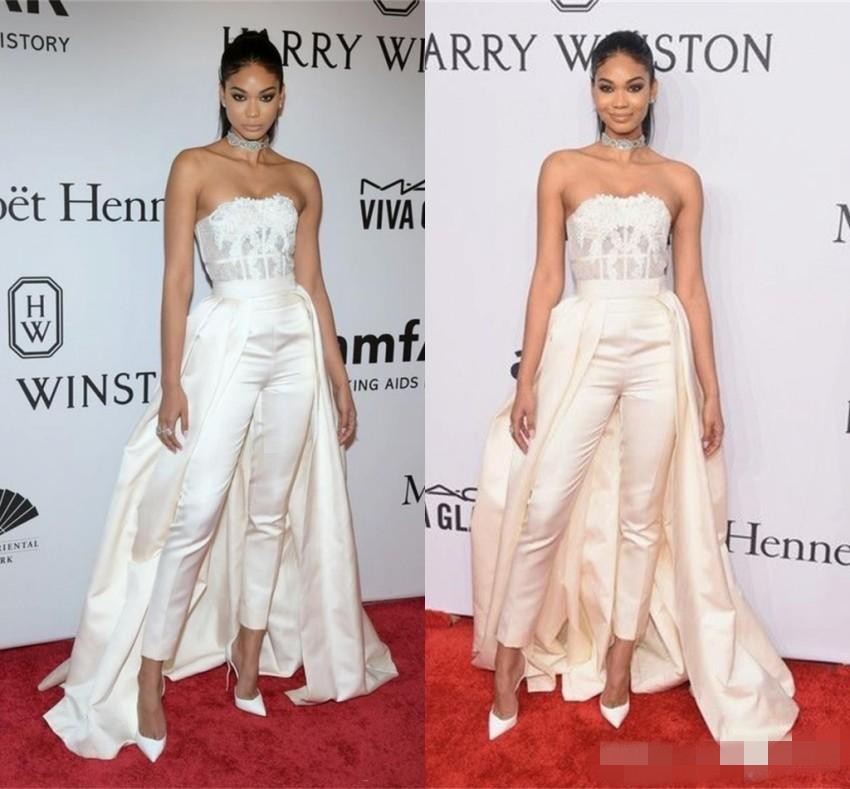 

Jumpsuit Evening Dresses New With Removable Skirt Red Carpet Dress Lace Applique Strapless Prom Gowns Formal Wear, Pink