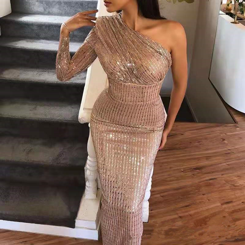 

2020 Fashion Khaki One Shoulder Sequin Dress Long Maxi Mesh Sexy Dress Women Celebrity Party vestidos Club Wholesale