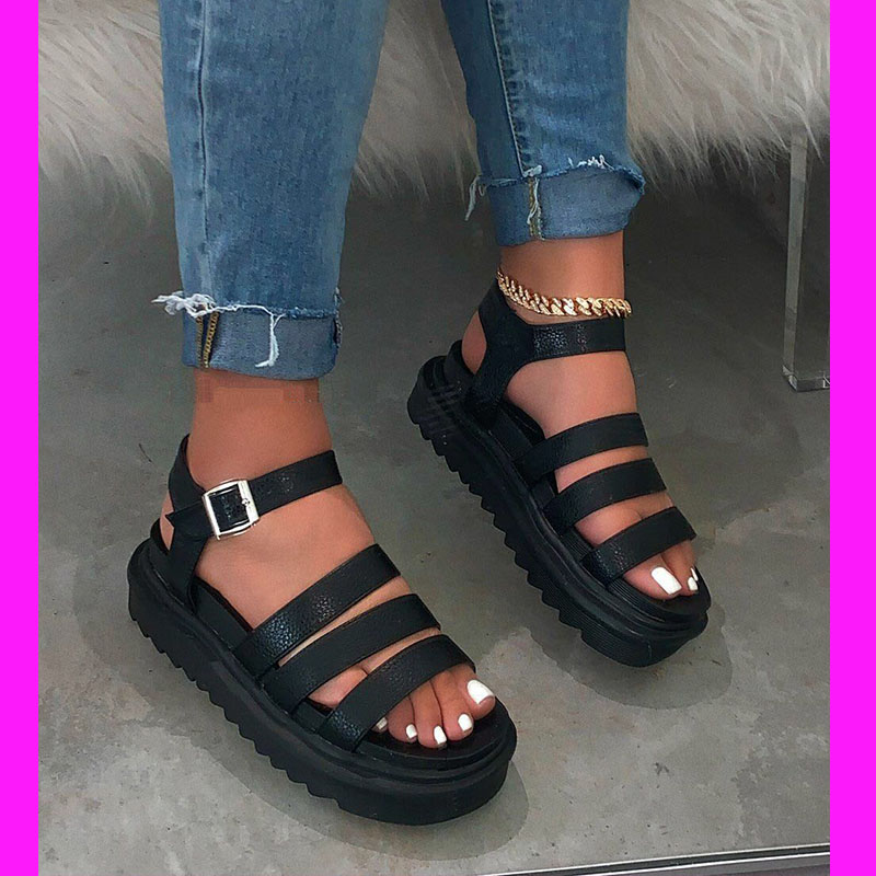 

2020 women platform sandals shoes woman ladies Spring/summer new female chunky heels leather sandals outdoor beach slipper, Black