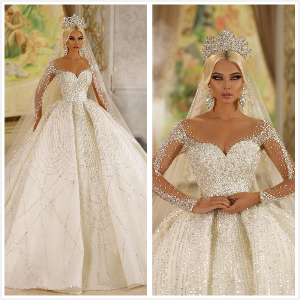 

New Arrival luxury dubai Ball Gown crystals Princess White Wedding Dress illusion sleeves Bridal Gown Court train high quality