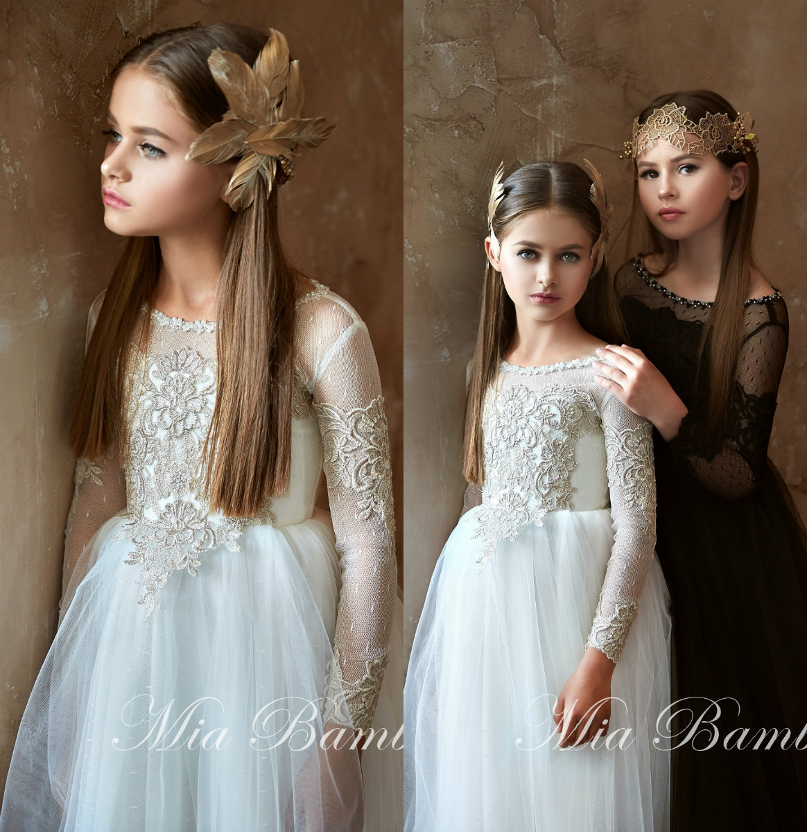 

White A Line Flower Girl Dress Long Sleeve Jewel Neck Tulle Lace Applique Wedding Dress Floor Length Girl's Birthday Part, Champagne