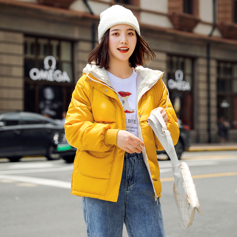 

2019 Fashion Short Winter Jacket Women Slim Female Coat Thicken Parka Cotton Hooded Candy-colored Ladies Jacket, Beige