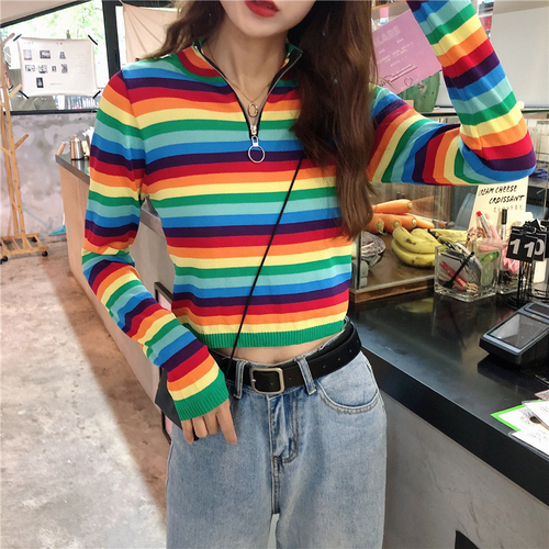 

New Summer Cute Women Sweater Short Turtleneck Harajuku Striped Knit Pullover Long Sleeve Female Rainbow Sweater Crop Top, Multi