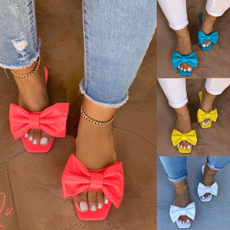 

2020 spring and summer women's shoes Korean silk satin Pointed bow tie slippers flat heel sets semi slippers chanclas mujer#s, Yellow
