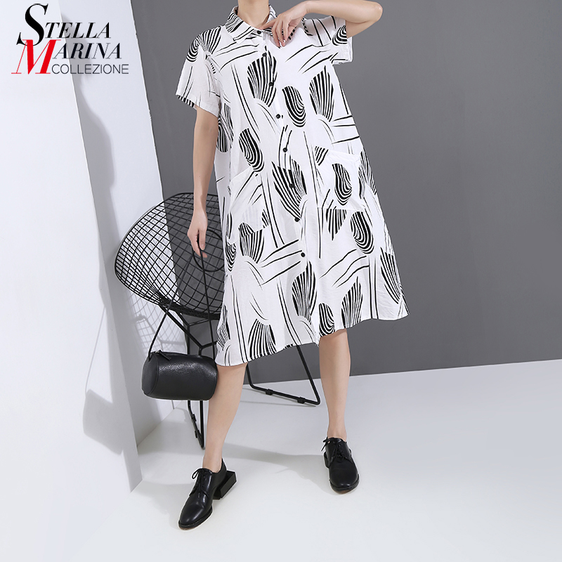 

* New 2020 Women Summer Korean Style White Shirt Dress Pocket Printed Ladies Midi Casual Streetwear Dress Loose Robe Femme 6122, White 6122