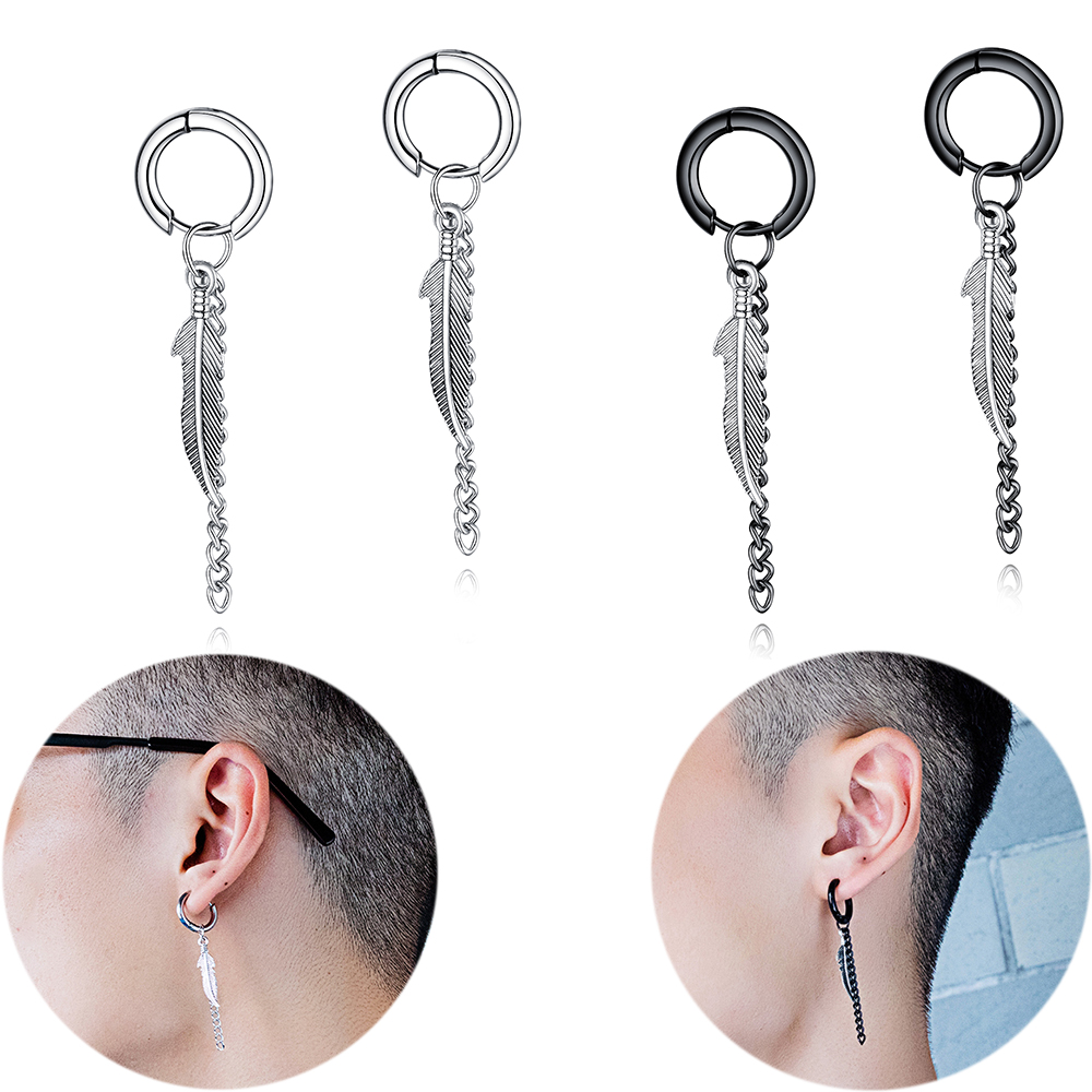 Feather Tassel Piercing Earrings Ear Cuff Unisex Stainless Steel Ear Stud Eardrop Fashion Jewelry Wedding Engagement Gift for Women Men-image-486370840