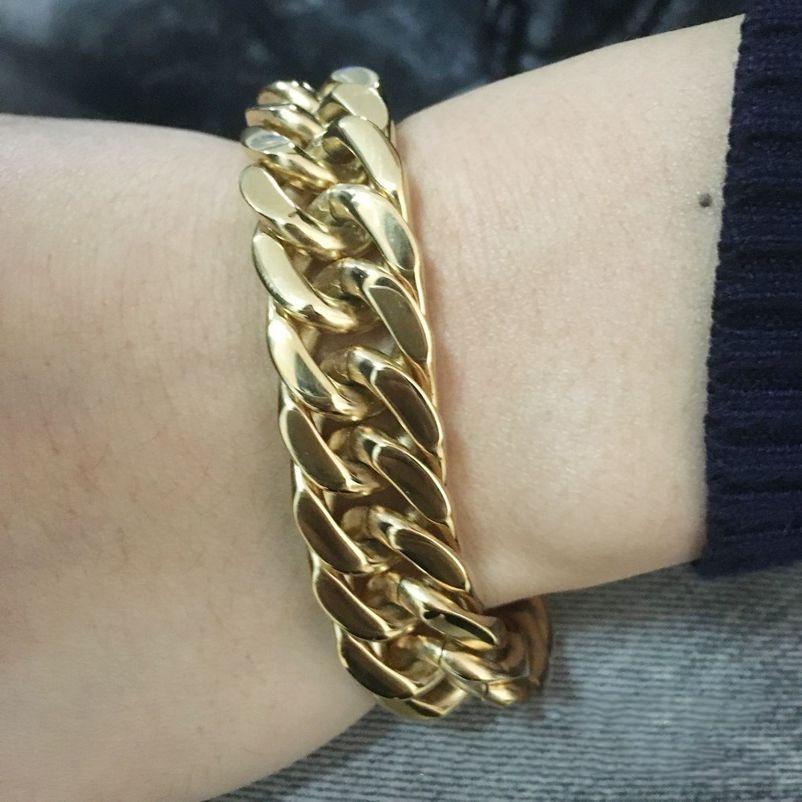 Men's Jewelry Hip-hop Link Style Titanium Steel Stainless Vacuum Plating Gold Double Clasp Bracelet 15mm Wide S0048-image-503802680