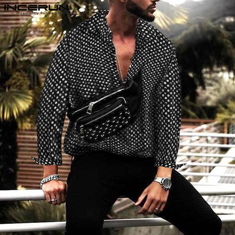 

INCERUN Autumn Polka Dot Fashion Men Shirt Button Tops High Street Lapel Neck Long Sleeve Chic Brand Shirt Men Camisa -5XL 2019, Black shirt