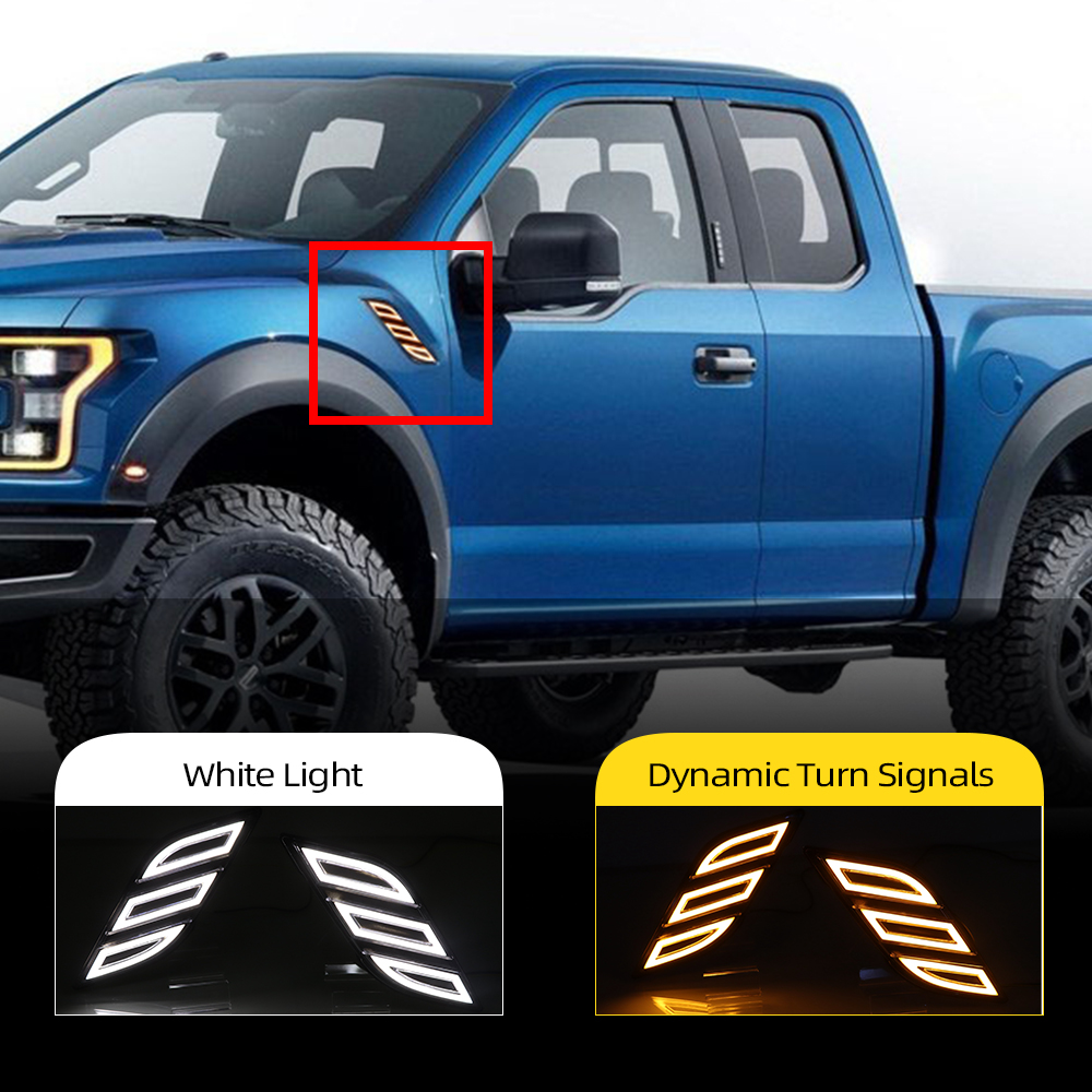 

2PCS Car Fender Light For Ford Raptor F150 2016 2017 2018 2019 LED Daytime Running Light Turn Signal Lamp DRL Side Bulb