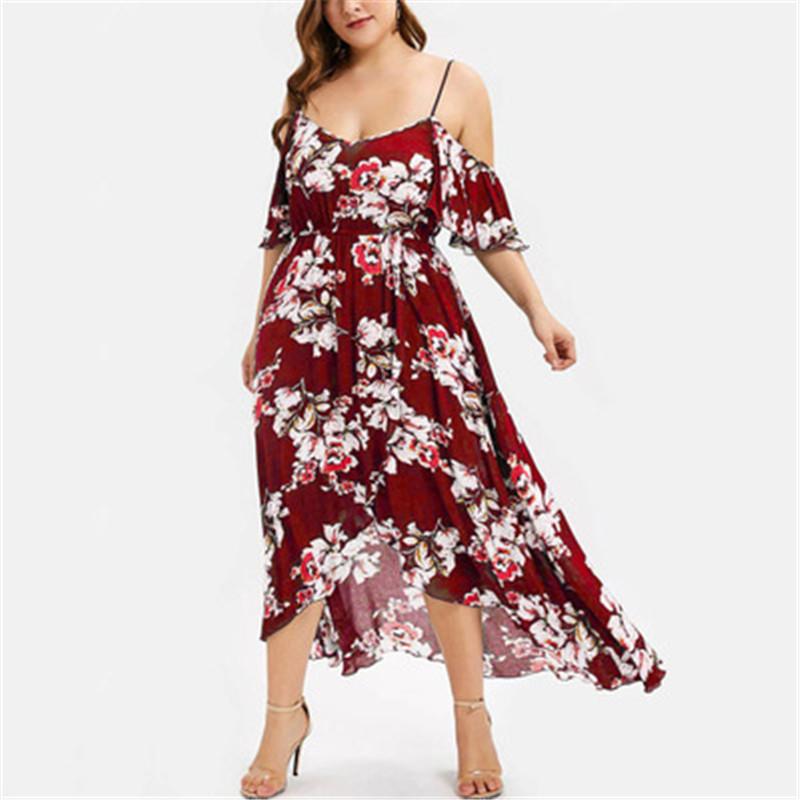 

Women Floral Print Elasticated High Waist Dress Designer Summer Fashion Trend Female Bohemia Suspenders Casual Dress Plus Size, White