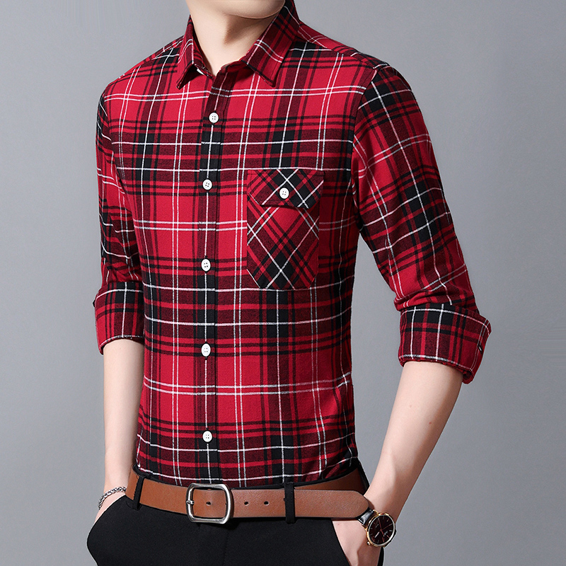 

iSurvivor2020 Men's plaid breathable shirt shirt spring and autumn long-sleeved cotton lapel fashion slim casual, Red