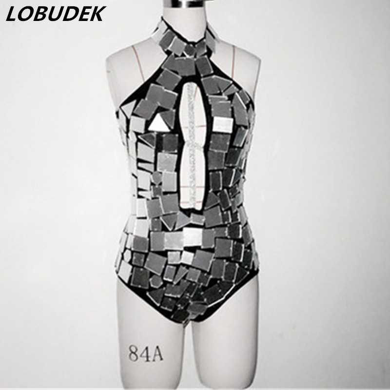 

Women Jazz Costume Gold Silver Mirror Bodysuit Sleeveless Sequins Dance Costume Nightclub Singer Dancer DJ Performance Clothes