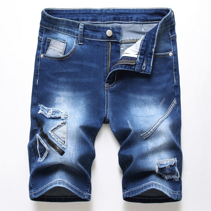 Fashion Patched Denim Shorts Men Jeans Summer Brand Stretch Short Jeans Elastic Mid Waist Straight Mens Short Jean Pants 28-42