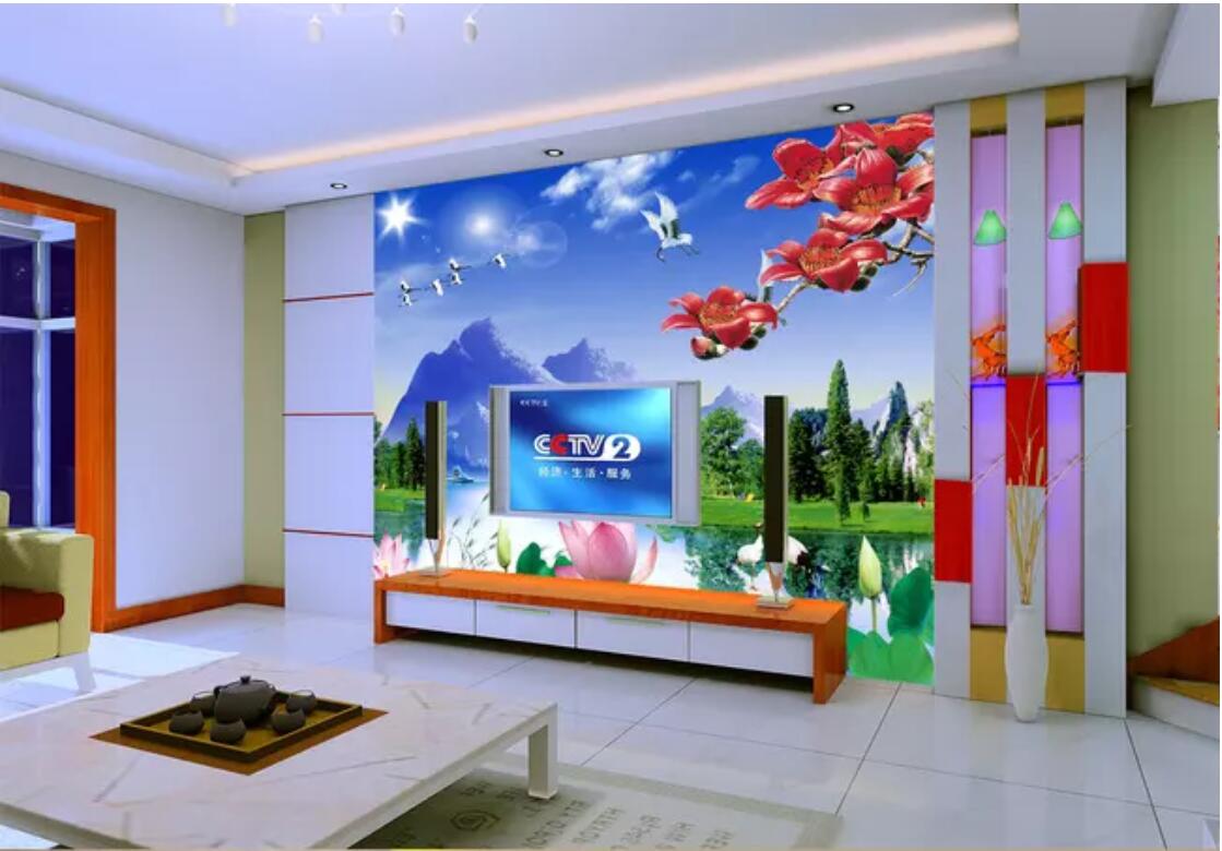 

3d room wallpaper cloth custom photo mural Landscape painting, kapok, lotus, crane, background wall wall wallpaper for walls 3 d, Non-woven fabric