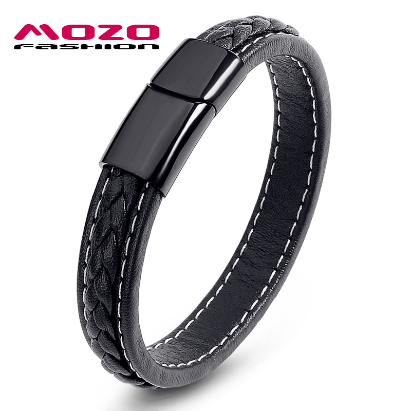 

Fashion Men Black Leather Stainless Steel Magnetic Buckle Bracelets & Bangles Male Punk Jewelry Pulseras