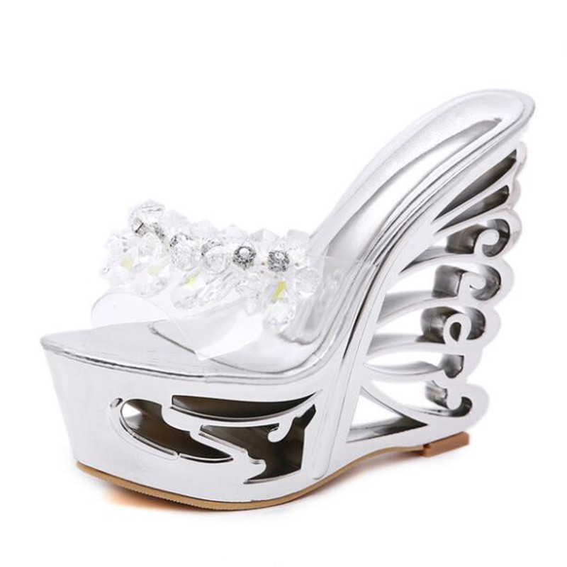

2019 Summer New Fashion Rhinestone PU Leather Womens Sandals Hollow Platform Shoes Sandals Non-slip Comfort High Heel Slippers, Black