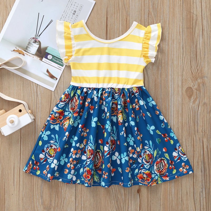 

Summer Baby Girl Dress Flying Sleeve Dress Toddler Girls Princess Dresses Fashion Stripe Tops Floral Bottom Baby Girls Clothing, Wt