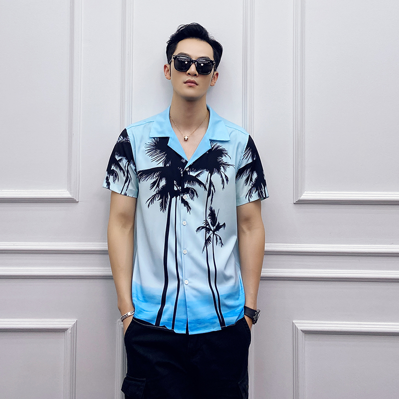 

Breathable Comfortable Casual Blouse Men 3XL-L Summer Men Flower Shirt Short Sleeve Fashion 2020 Slim Fit Men's Social Shirts, Blue