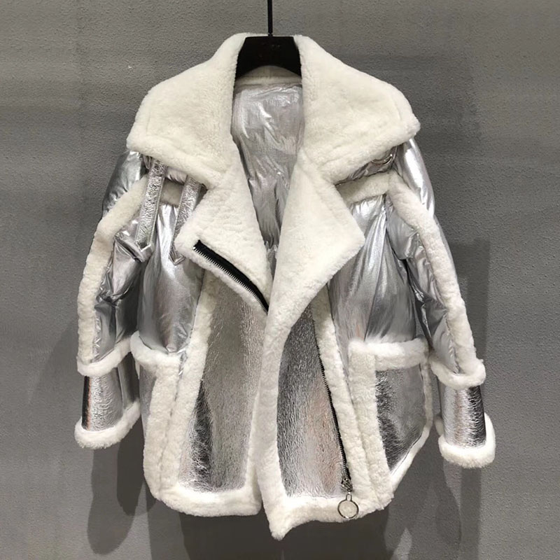 

2019 silver color genuine sheepskin leathe jackets for women coats winter warm turn down collar lxuruy big loose size outwear