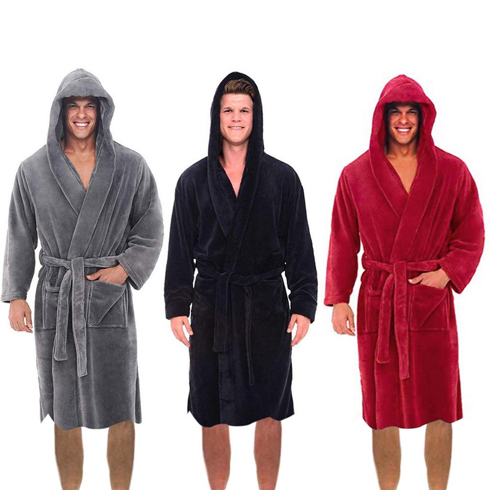 

Fashion Casual Mens Bathrobes Flannel Robe Hooded Long Sleeve Couple Men Woman Robe Plush Shawl Kimono Warm Male Bathrobe Coat #, Red