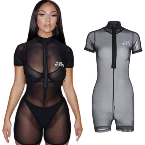 

Sexy Womens Zip High Neck Sheer Fishnet Playsuit Ladies Summer Shorts Jumpsuits, As pic