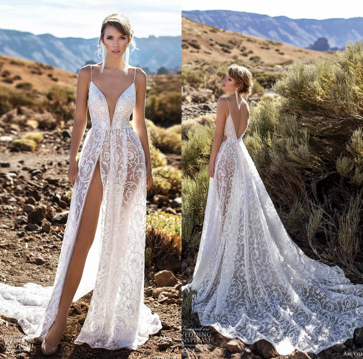 

2020 A Line High Split Wedding Dresses Lace Applique Spaghetti Backless Beach Wedding Dress Custom Made Sweep Train Boho Robes De Mariée, Fuchsia