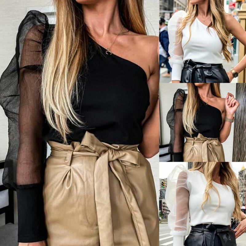 

Women Mesh Net Blouse Sheer Puff Sleeve Top One Shoulder Ladies Shirt Sexy Tops Womens Clothing Slim Fit Female blusa feminina, Black