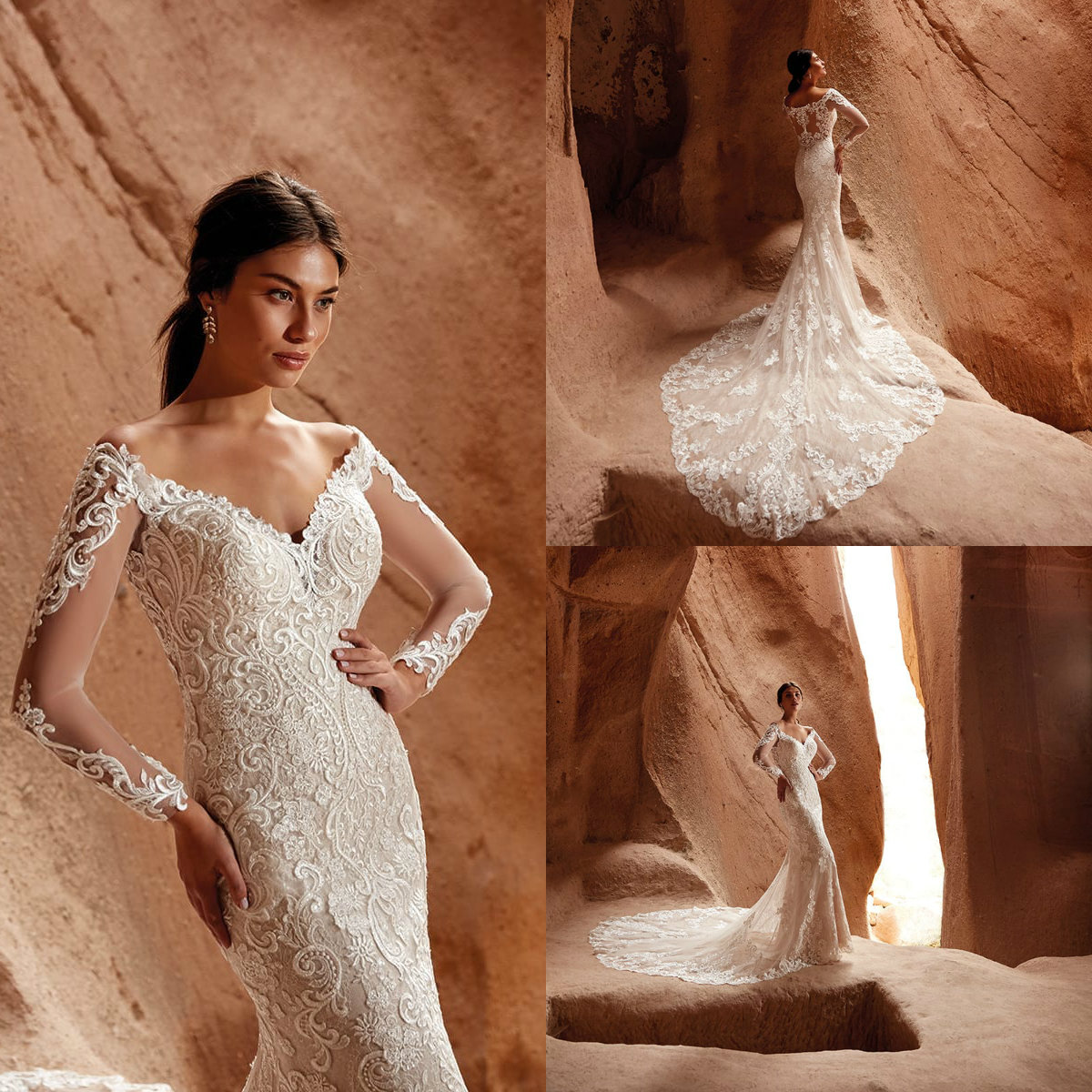 

Eddy K 2021 Bridal Gowns Wedding Dress Off Shoulder Long Sleeves Lace Appliques Button Back Bohemian Beach Mermaid Wedding Dresses, White