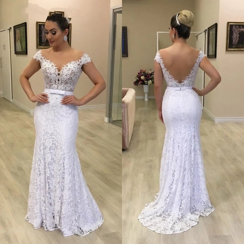 

Sexy Backless V neck Wedding Bridal Gown Dresses Trumpet Cap Short Sleeves Lace Bodice Beaded Court Train Dress, Yellow