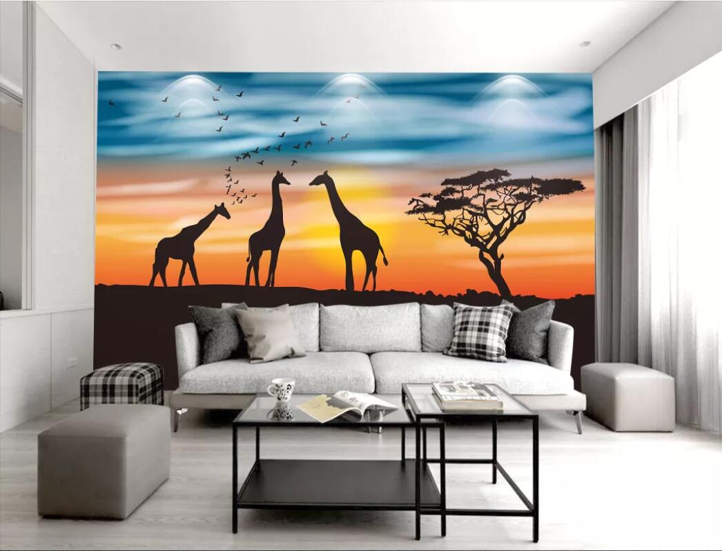 

3d room wallpaper custom photo Grassland giraffe acacia tree sunset background wall mural wallpaper home improvement art canvas pictures, Non-woven fabric