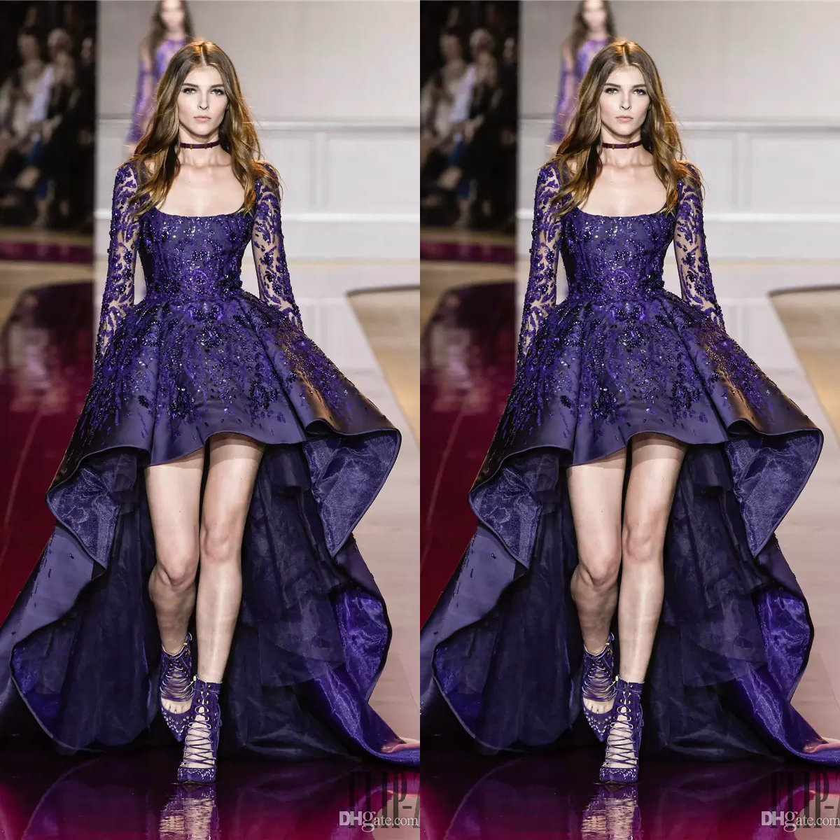 

Zuhair Murad High Low Prom Dresses A-Line Scoop Neckline Beaded Purple Formal Evening Gowns Long Sleeves Sequined robes de soirée, Light yellow